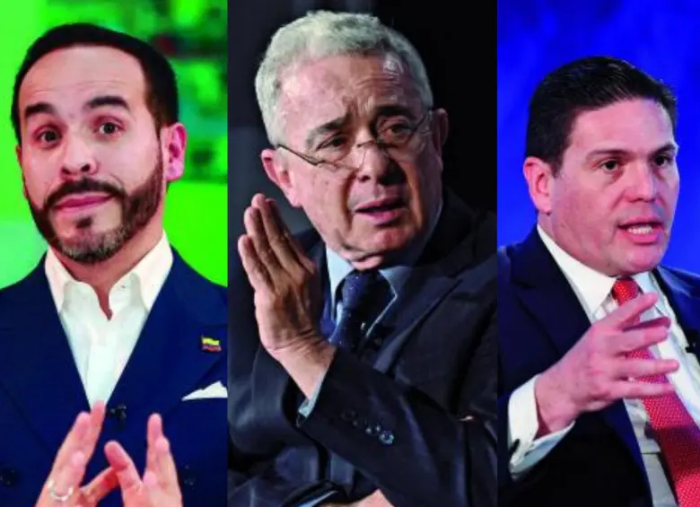 A la izquierda, Abelardo De La Espriella; en el centro, el expresidente Álvaro Uribe Vélez; a la derecha, Juan Carlos Pinzón. FOTO MANUEL SALDARRIAGA Y GETTY