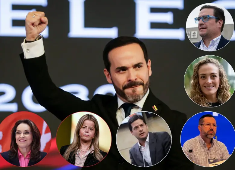 Abelardo de la Espriella, presidente electo. Abajo, de izquierda a derecha: Viviane Morales; Elsa Noguera; Mauricio Gómez, Jaime Beltrán, Juliana Gutiérrez e Iván Cancino. Foto: El Colombiano, Colprensa y redes sociales