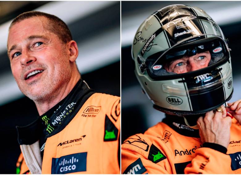 Brad Pitt vestido con el traje “papaya” de McLaren antes de subirse al monoplaza de Lando Norris. FOTOS: Tomadas de Instagram @f1