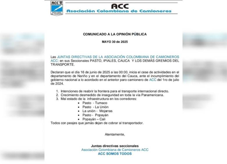 Los camioneros irían a paro por promesas relacionadas con la seguridad y el estado de las vías en el suroccidente del país. Foto: Cortesía