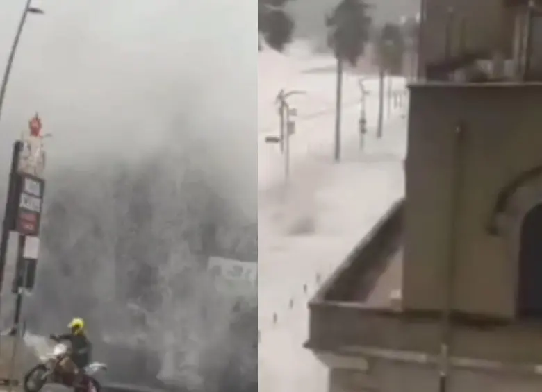 Olas de gran tamaño impactan en Sicilia, durante el paso de un ciclón que provocó inundaciones, evacuaciones y alertas rojas en varias zonas costeras de Italia. FOTO: redes sociales.