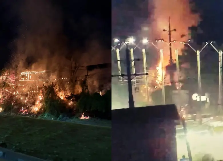 Un incendio menor en un cerco vivo, cerca del parador Don Rogelio en la autopista Medellín-Bogotá. FOTO: redes sociales. 