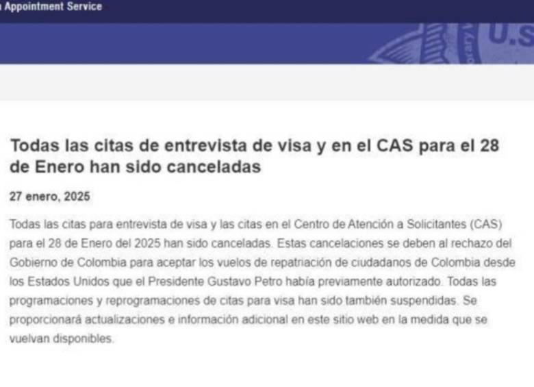Este fue el correo que le llegó a aquellos colombianos que tenían pendiente la cita del trámite de la visa para el martes, 28 de enero. Foto: captura de pantalla