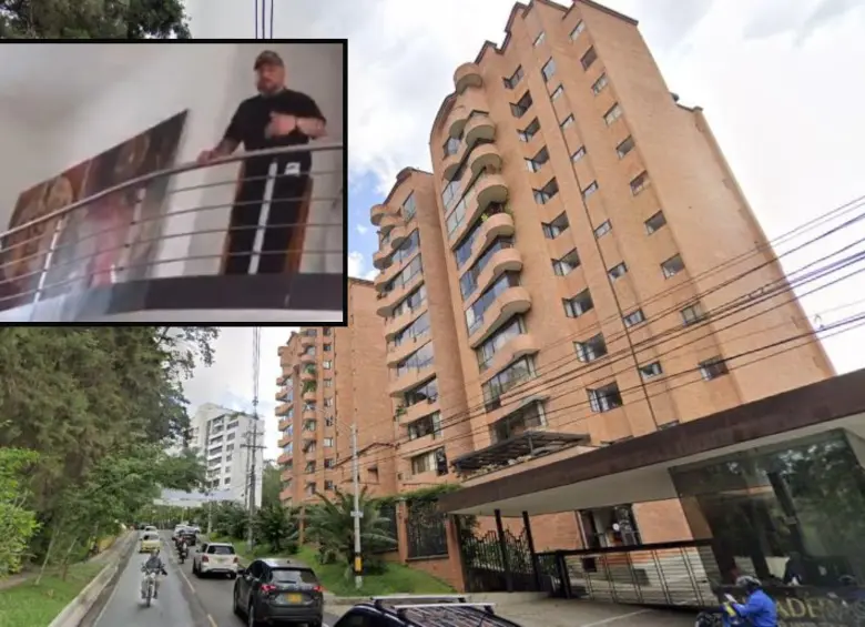 Adelante, desalojo del apartamento ocupado por Carlos Escobar Marín. Atrás, ubicación del edificio en El Poblado. FOTO: Imagen tomadas de redes y de GoogleMaps.