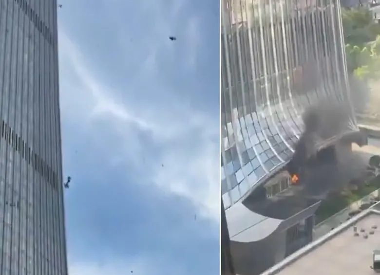 Restos de un avión ligero cayeron sobre la torre China Zun. FOTOS: Capturas de video @visegrad24