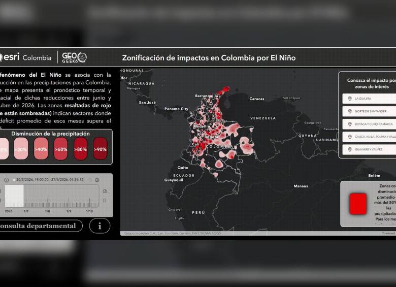 La plataforma ArcGIS integra datos de satélites de la NASA y la NOAA con información territorial para construir mapas de riesgo climático que cruzan amenaza, exposición y vulnerabilidad ante fenómenos como El Niño. FOTO cortesía Esri Colombia