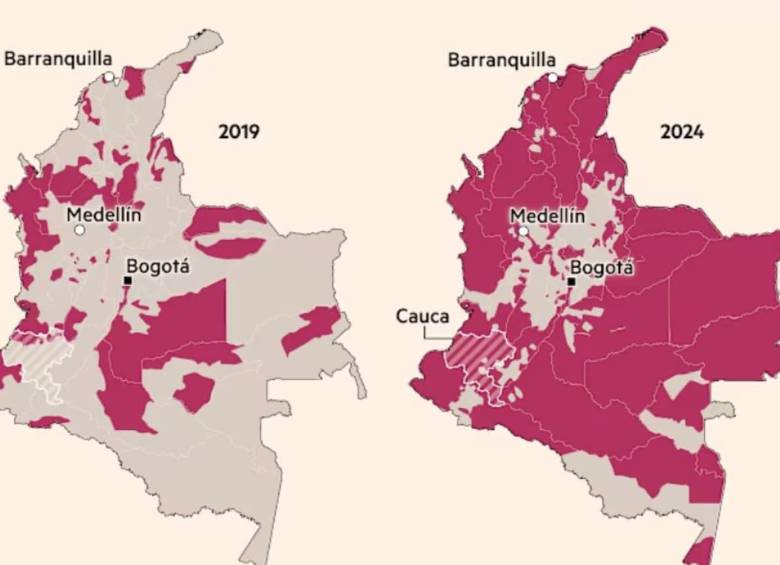 Mapa de la expansión de los grupos armados ilegales en Colombia y la producción de cocaína. FOTO: Tomada del Financial Times. 