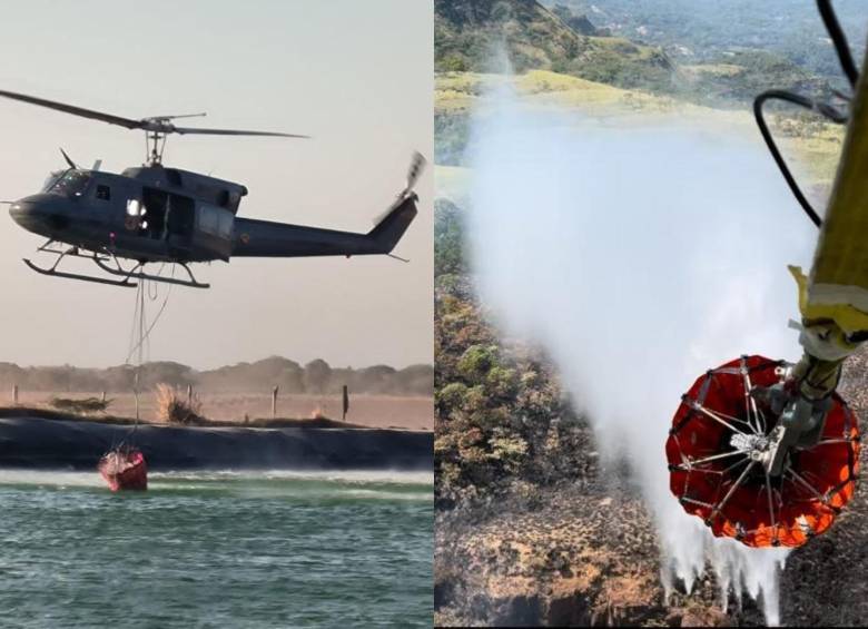 En la Sierra Nevada de Santa Marta, helicópteros Bell-212 ‘Rapaz’ de su Fuerza Aeroespacial, realizan labores de extinción de incendio con el sistema Bambi Bucket. FOTO: FUERZA AEROESPACIAL