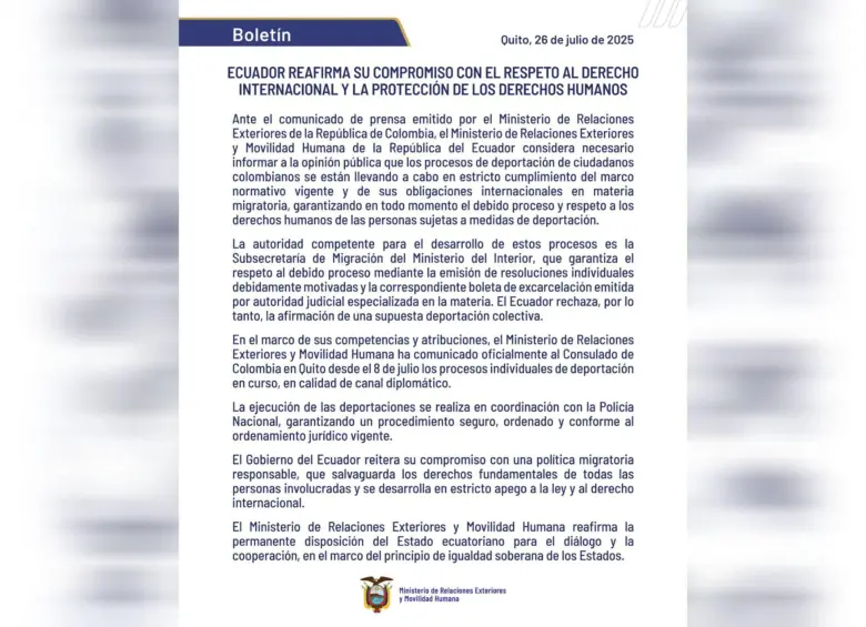 A través de un comunicado, Ecuador rechazó que se tratara de una deportación colectiva. Foto: Ministerio de Relaciones Exteriores de Ecuador