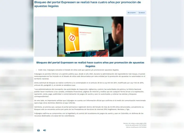 Comunicado Coljuegos sobre el bloqueo de la página del diario sueco Expressen. Foto: Captura de pantalla página Coljuegos