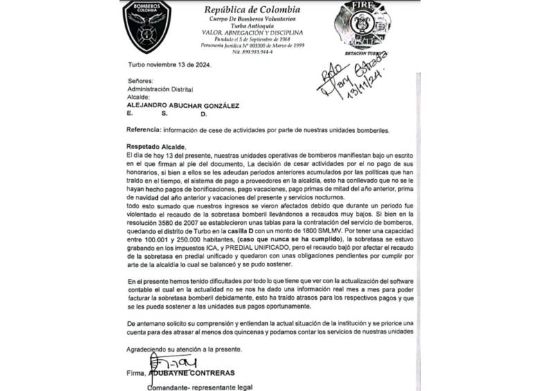 Carta de Bomberos enviada el 13 de noviembre al alcalde de Turbo antes de empezar el cese de actividades. FOTO: Cortesía