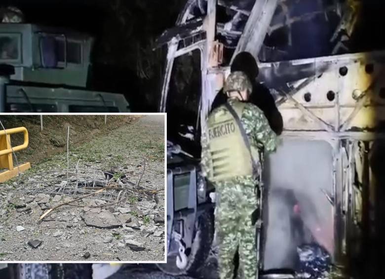 Adelante, daño en el puente que lleva a Salgar e Hispania en el Suroeste. Atrás, bus quemado en Valdivia. FOTO: Cortesía