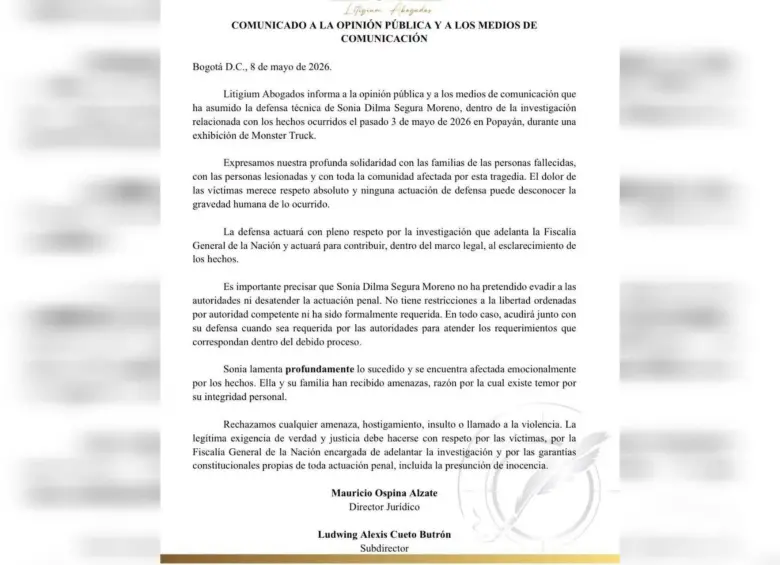 Este es el comunicado emitido por el equipo legal de Sonia Segura. 