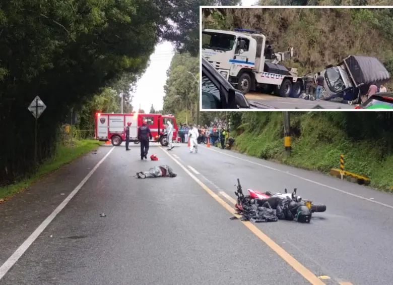 Adelante, uno de los siniestros viales ocurrido en Medellín. Atrás, el fatal accidente sucedido en Envigado.FOTO: Cortesía Denuncias Antioquia