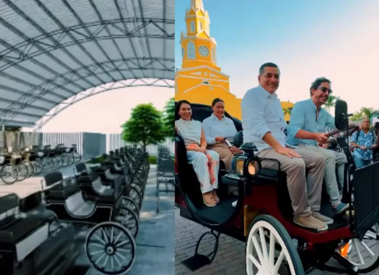 Los nuevos coches eléctricos, fabricados en China y ensamblados en Cartagena, reemplazarán gradualmente a los tradicionales carruajes tirados por caballos en el Centro Histórico. El anuncio fue hecho por el alcalde de la ciudad, Dumek Turbay Paz junto al humorista, Alejandro Riaño. FOTO: captura de video. 