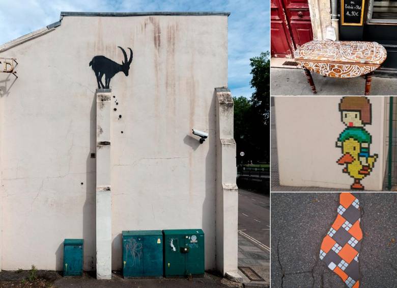 A la izquierda una de las obras de Banksy, a la derecha tres artistas callejeros que también son incognitos. FOTOS Instagram @banksy, @ouestled, @mr.bad.tiles y @ememem.flacking