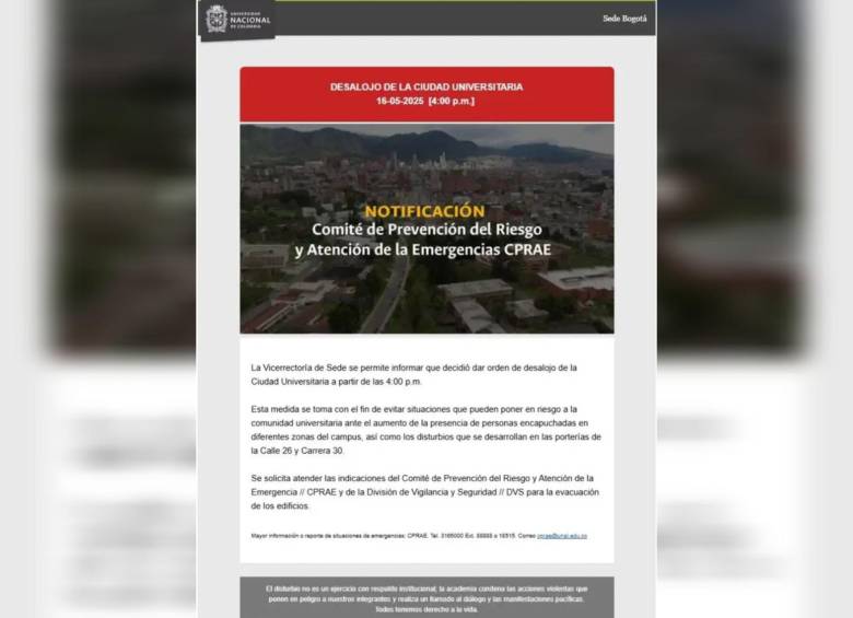 La Universidad Nacional informó sobre la orden de desalojo de su campus a través de un comunicado. Foto: Unal