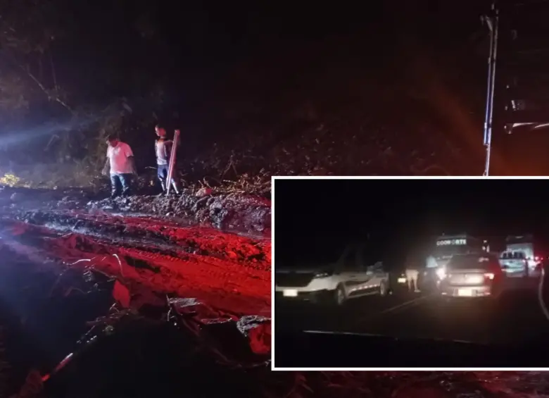 Imagen del sitio del deslizamiento. Y el respectivo trancón en la zona. FOTO: imagen tomada de redes.