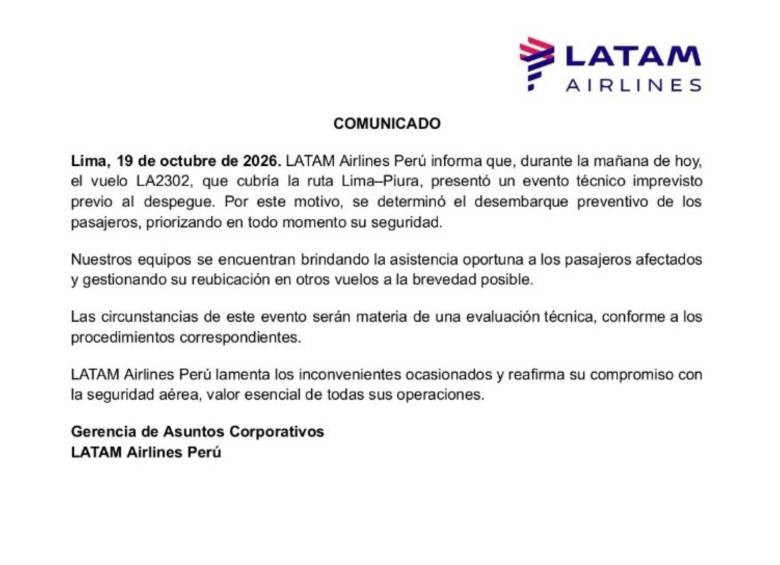 Latam Airlines Perú confirmó que el vuelo LA2302, con destino a Piura, presentó un evento técnico antes del despegue y anunció la reubicación de los pasajeros en otros vuelos. Foto: Latam