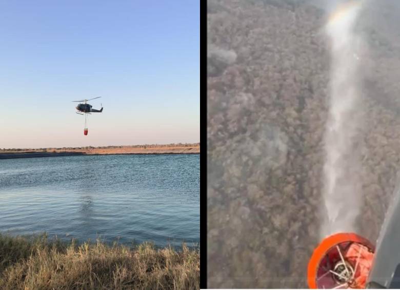 El helicptero Bell-212 con el sistema del Bambi Bucket, para controlar el incendio en la Sierra Nevada. FOTO: FUERZA AEROESPACIAL