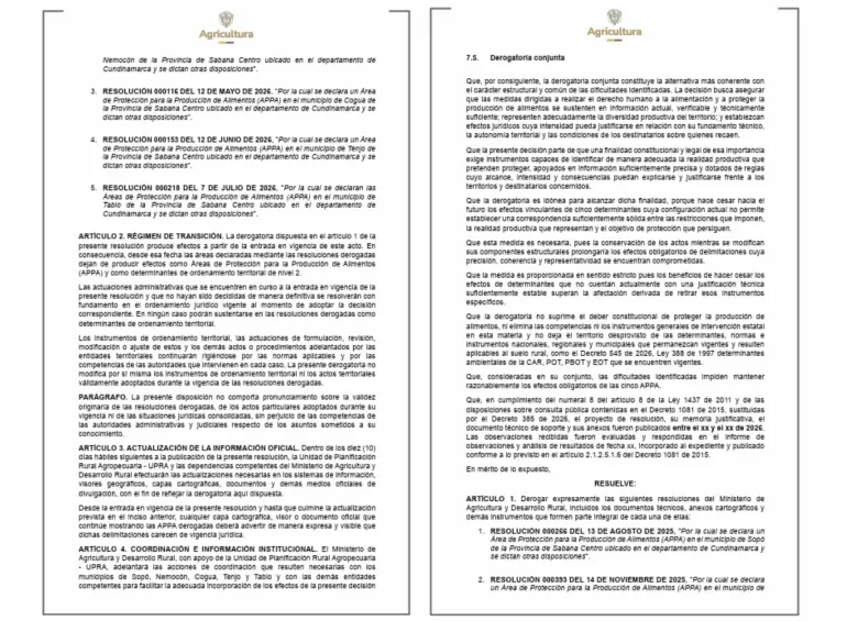 Extracto del proyecto de resolución sobre el régimen de transición y derogatoria de las APPA en Cundinamarca. Foto: MinAgricultura