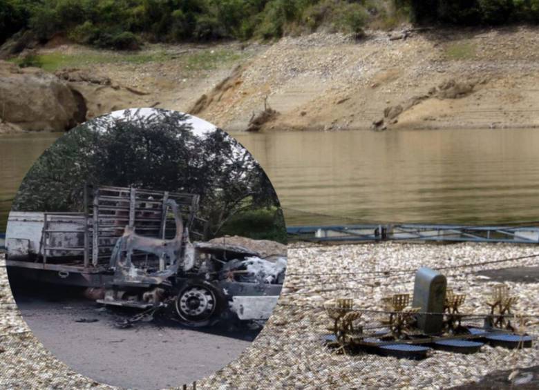 El camión fue incinerado cerca a las compuertas de la represa Betania, ubicada en Huila. Foto: Colprensa. 