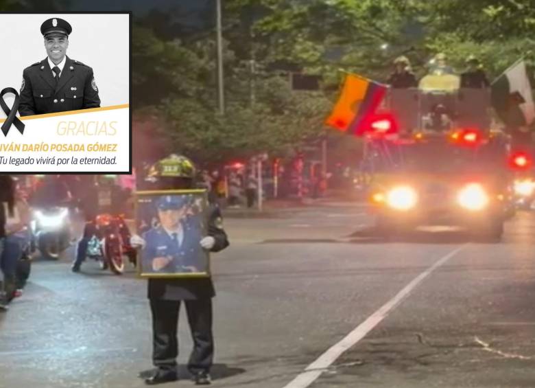 Adelante, el bombero Iván Posada quien falleció el domingo. Atrás, caravana en su honor. FOTO: Cortesía