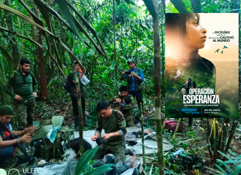 Esta fue una de las primeras imágenes que se compartieron desde las cuentas oficiales del gobierno cuando encontraron a los niños, al lado el póster del documental. FOTOS Cortesía