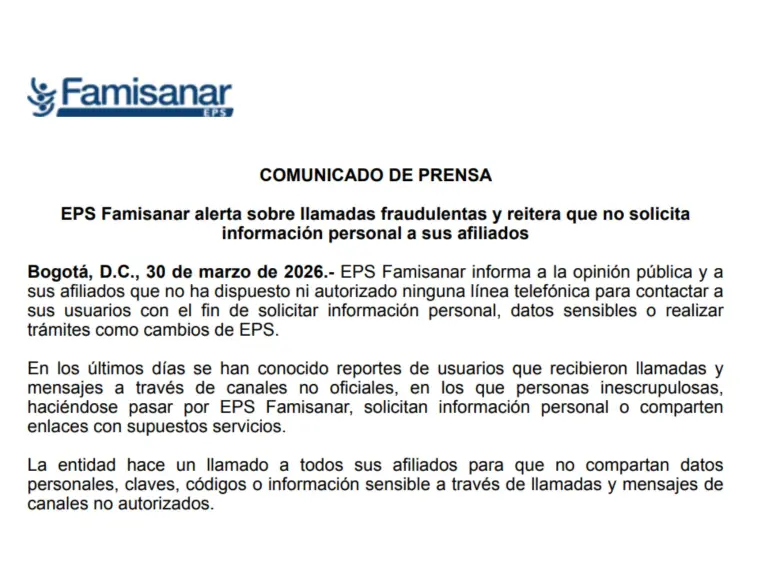 La EPS aseguró que no solicita información personal ni realiza trámites por líneas no autorizadas.