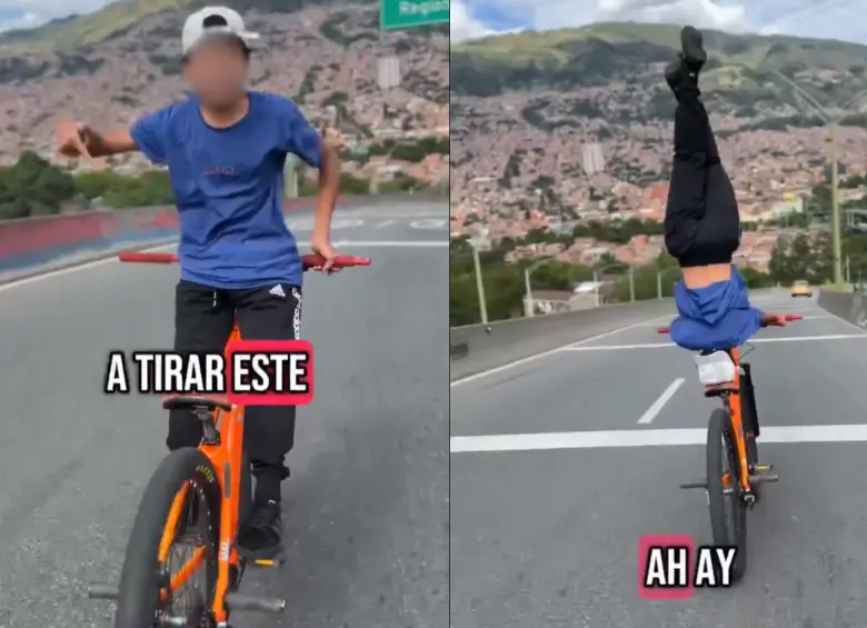 Joven hace acrobacias en una bicicleta en el puente de la Madre Laura. FOTOS: TOMADAS DE REDES SOCIALES.