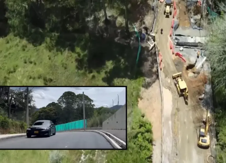 Adelante, uno de los tramos culminados. Atrás frente de obras de la vía en El Retiro. FOTO: imagen tomada de redes.