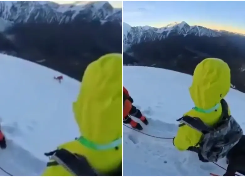Momento en que el alpinista cayó y se fue por el vacío de la montaña en China. FOTO: Captura video redes sociales @ApuAndeschile