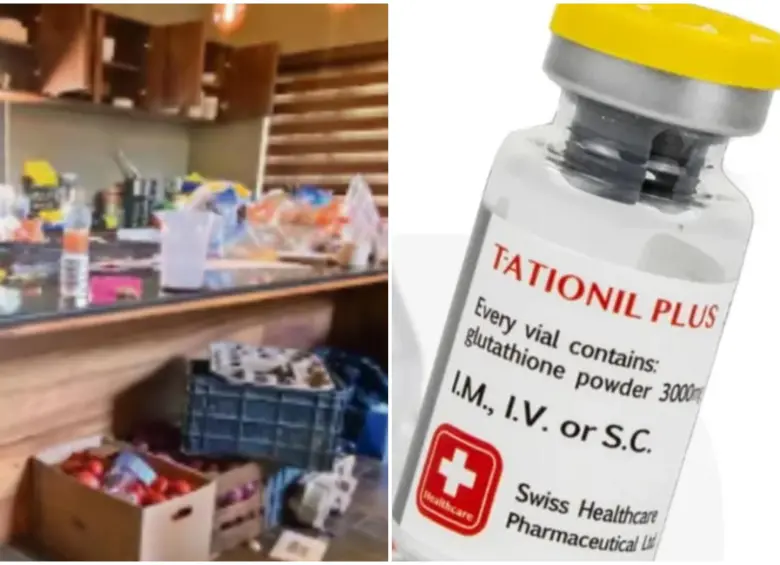 Los productos de la cocina tirados por todos lados, algunos en descomposición, y el medicamento que encontraron. FOTO: Cortesía de El Universal, Milenio y Autoridades Federales de México