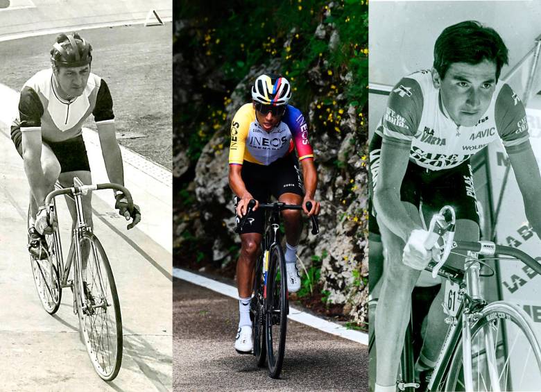 Ramón Hoyos, el hombre por el que se dio origen al apodo “escarabajo” para identificar, por su forma de ascender en bici, al colombiano. Lucho Herrera, gran escalador y primer colombiano en ganar la Vuelta a España (1987); y Egan Bernal, campeón del Tour-2019 y Giro-2021. FOTOs El Colombiano y GETTY 