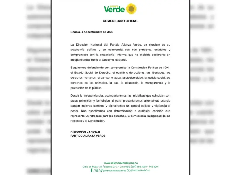 Este fue el comunicado del partido Alianza Verde sobre su postura respecto al gobierno. Foto: @PartidoVerdeCoLC