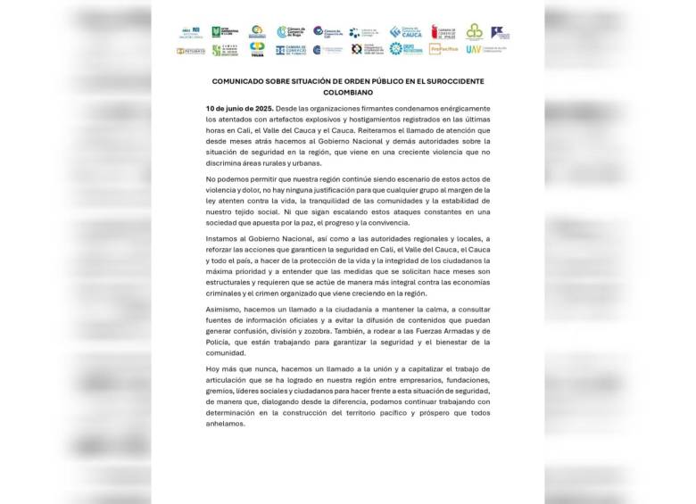 Gremios del Valle, Cauca, Putumayo y Nariño publicaron un comunicado para hacerle un llamado a autoridades y ciudadanía. Foto: Cortesía