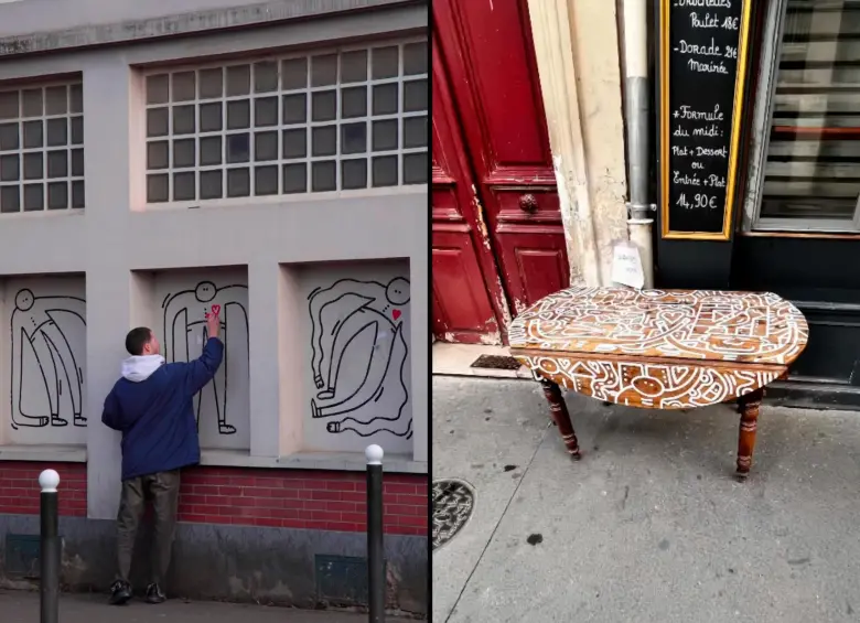 Le D en acción y una mesa pintada por él en plena calle. FOTO Instagram @ouestled