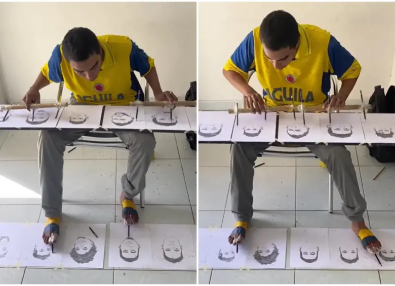 Javy mientras hacía los rostros de los jugadores de Colombia. FOTO: Captura de video de redes sociales @javy_arts