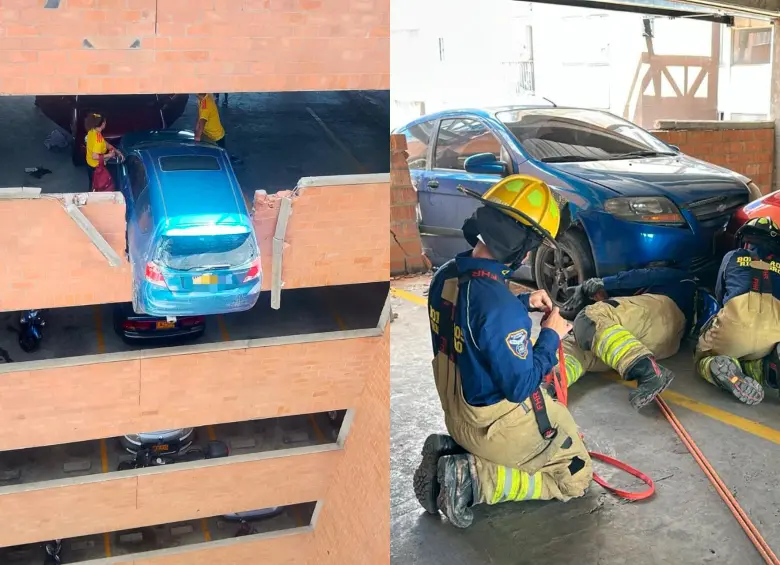 Bomberos de Rionegro utilizaron sistemas de cuerdas y anclajes para evitar la caída de un vehículo que quedó suspendido tras un accidente en un parqueadero residencial.