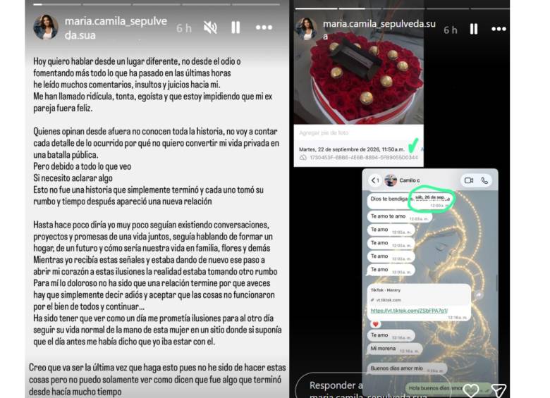 María Camila Sepúlveda, expareja embarazada de Camilo Cifuentes, compartió su versión de la polémica y publicó conversaciones recientes entre ambos. Foto: redes sociales