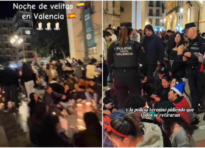 Una gran cantidad de colombianos celebrando el día de las velitas en la Plaza de la Virgen en Valencia, España. FOTO: Captura video redes sociales @soypaomorenooo