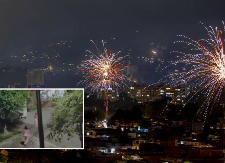 Adelante, las vecinas confrontando a los residentes que tiraban pólvora. Atrás, imagen de referencia del uso de pólvora en la ciudad. Foto: Juan Antonio Sánchez Ocampo y Cortesía Denuncias Antioquia.