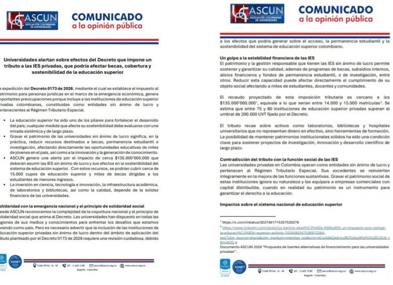 Este es el comunicado de Ascun advirtiendo sobre el impacto del impuesto al patrimonio. Foto: Cortesía de Ascun