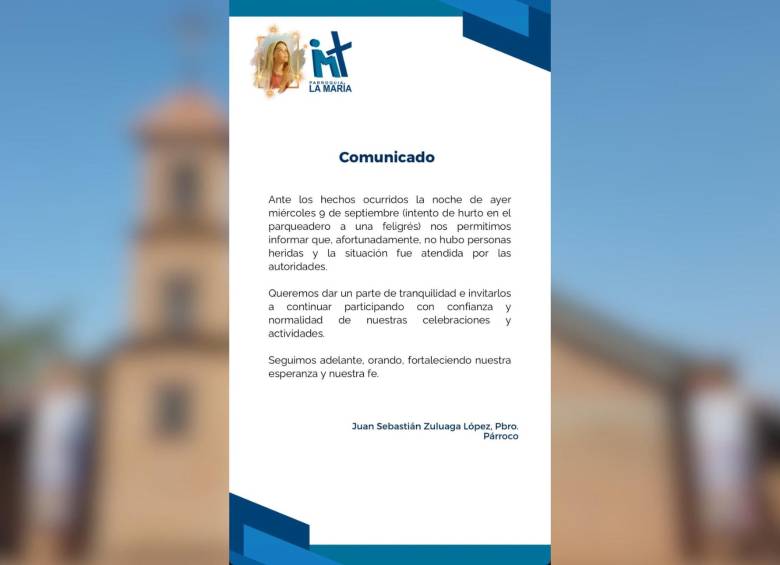 La parroquia La María emitió un comunicado tras el intento de hurto ocurrido en su parqueadero durante la noche del 9 de septiembre. Foto: redes sociales @parroquialamariacali