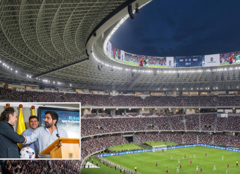 Adelante, el alcalde de Medellín junto al gerente del Inder y el vocero de LaLiga española. Atrás, como se vería el estadio en 2028. FOTO: Cortesía.