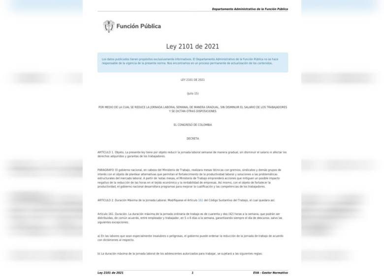 Esta es la Ley 2101 de 2021 que establece la reducción de la jornada laboral. 