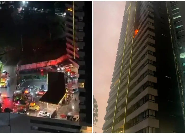 Bomberos Medellín controlaron el incendio registrado en el piso 14 de un edificio en La Asomadera este 7 de diciembre. FOTOS tomadas de Twitter 
