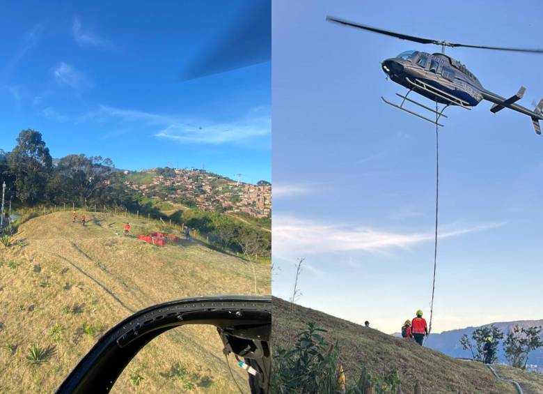 El servicio de Bambi Bucket con el que cuenta el Distrito para descargas de agua desde un helicóptero. FOTO: DAGRD Medellín