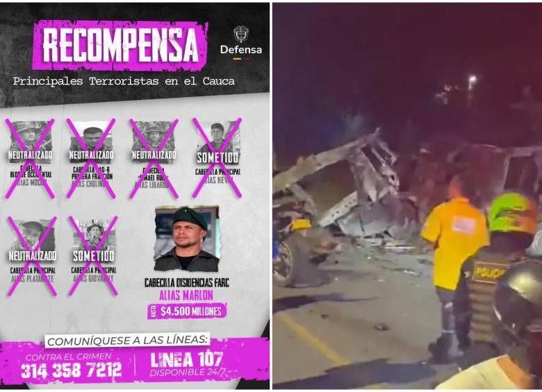 El cartel con la recompensa que había de alias Marlon. FOTO: MinDefensa y captura de video de redes sociales