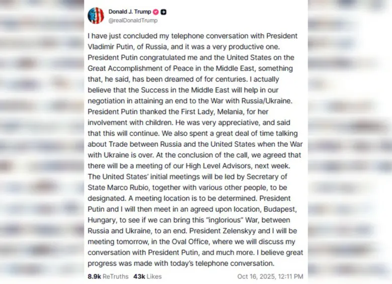 Trump se verá con Putin en Budapest tras una llamada de “grandes progresos”
